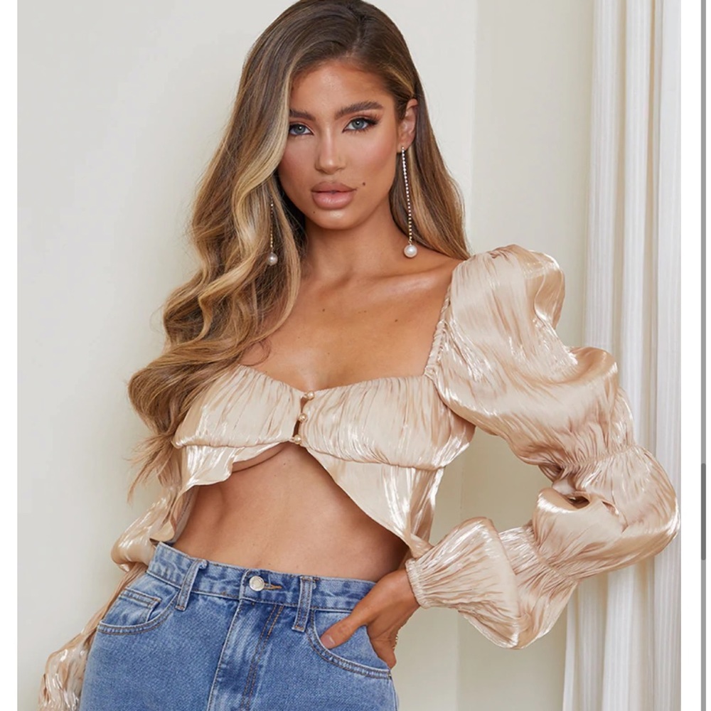 Champagne Satin Metallic Pleated Cropped Blouse